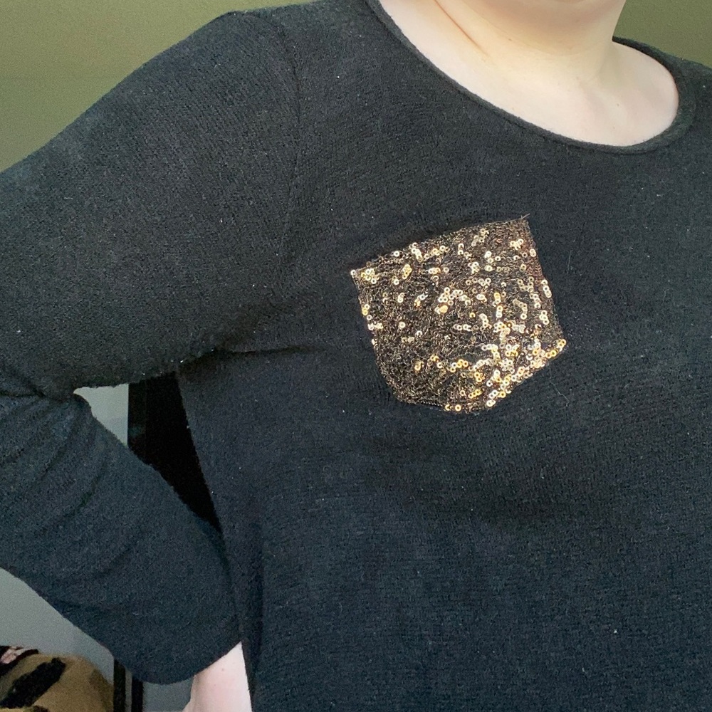 2X Black Sweater Blouse with Sequin Pocket Detail